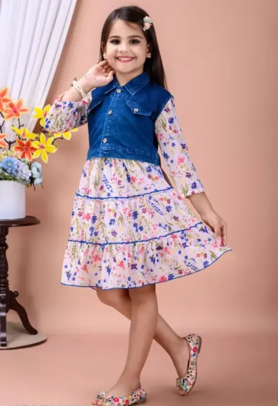 Girls Denim Style Floral Party Dress