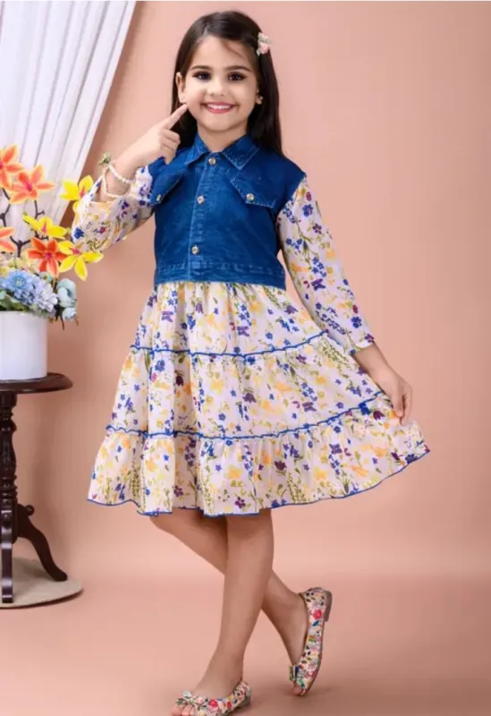 Girls Denim Style Floral Party Dress
