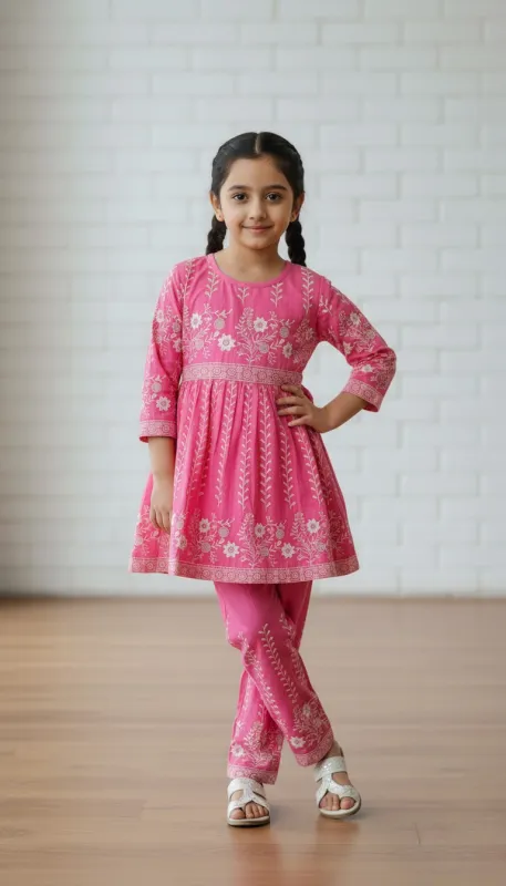 Girls Floral Embroidered Kurti Set
