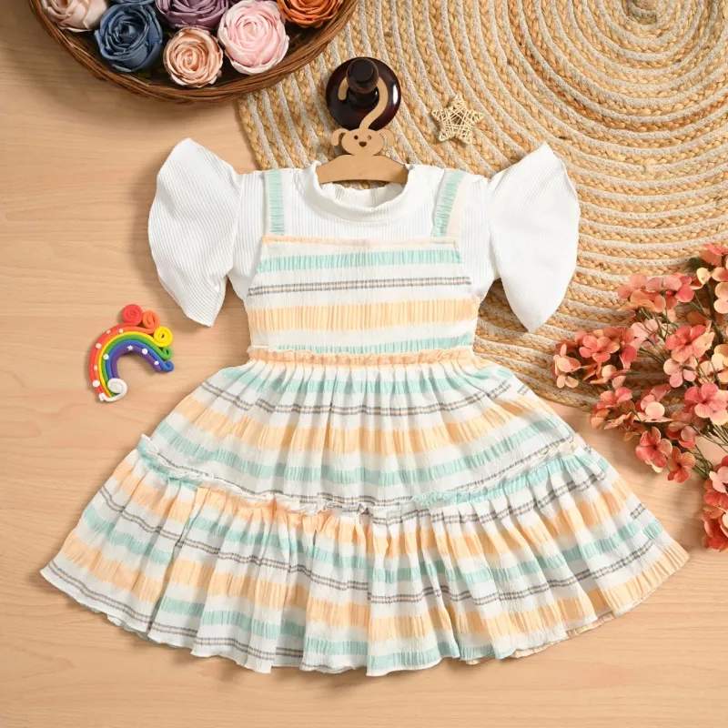Girls Cute Striped Frock with Flutter Sleeves