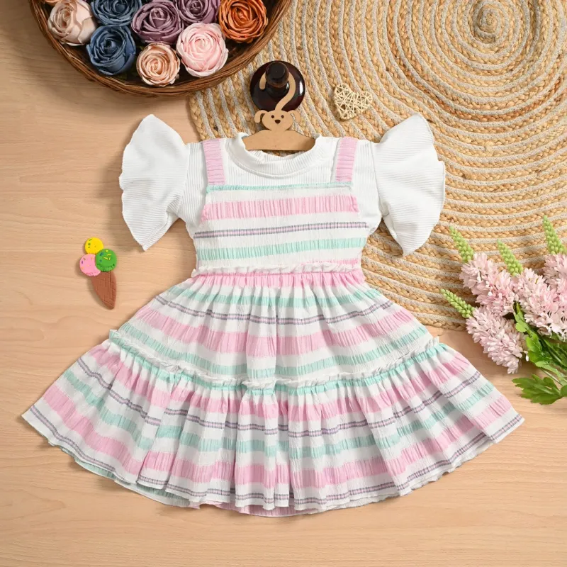 Girls Cute Striped Frock with Flutter Sleeves