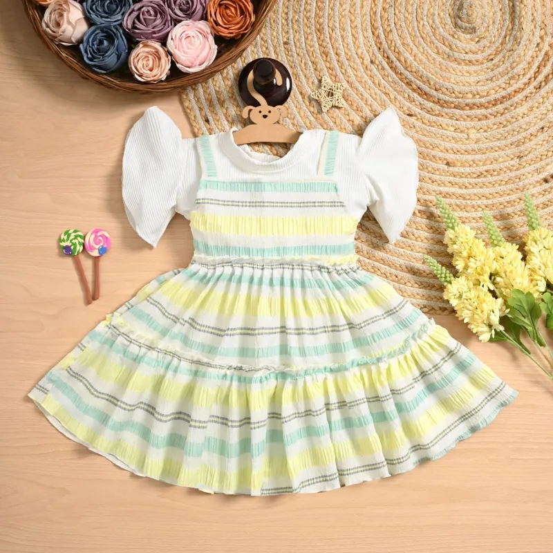 Girls Cute Striped Frock with Flutter Sleeves