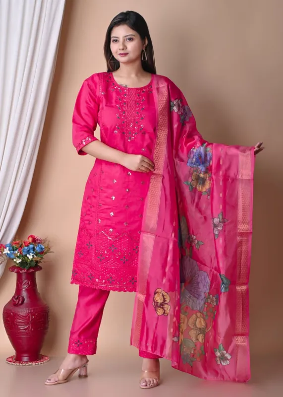 Women’s Embroidered Straight Kurta Set with Dupatta