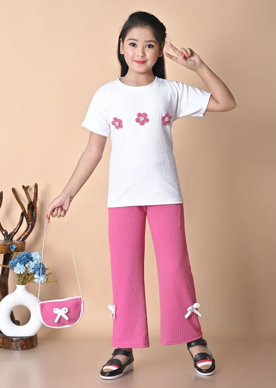 Girls White Top & Pink Pant Co-Ord Set | Kids Casual Wear Outfit | Soft Rib Fabric Stylish Dress for Party, Daily & Summer Wear