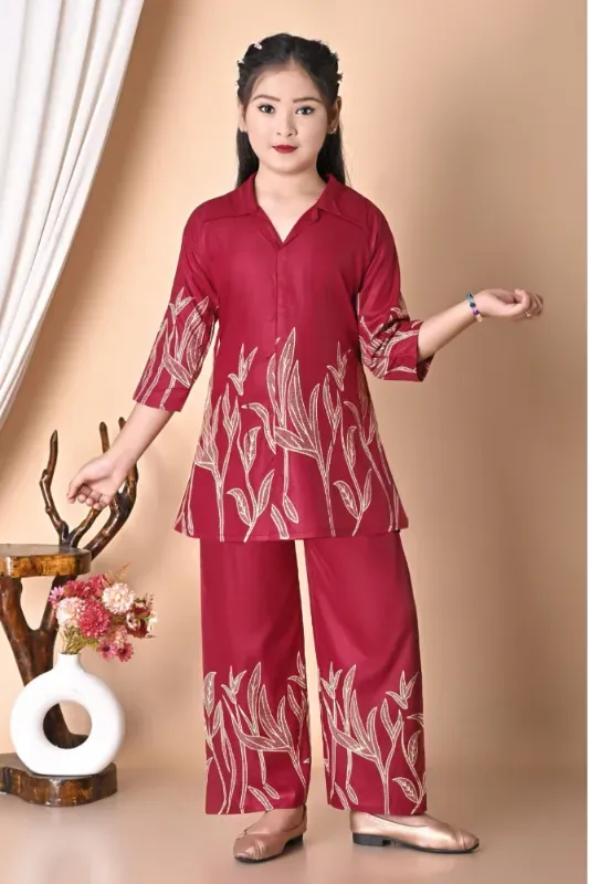 Girls Leaf Print Ethnic Co-Ord Set with Wide Leg Pants (Red & Royal Blue)