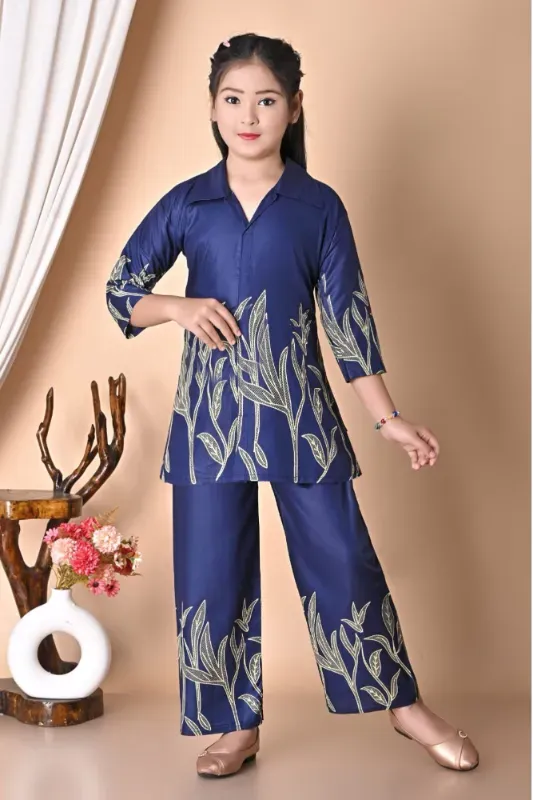 Girls Leaf Print Ethnic Co-Ord Set with Wide Leg Pants (Red & Royal Blue)