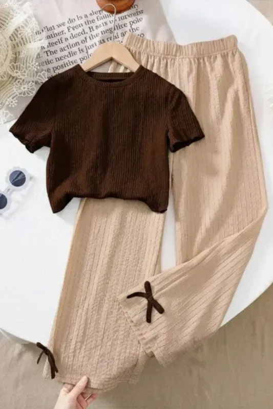 Girls Ribbed Top & Pant Co-Ord Set (Brown & Beige)